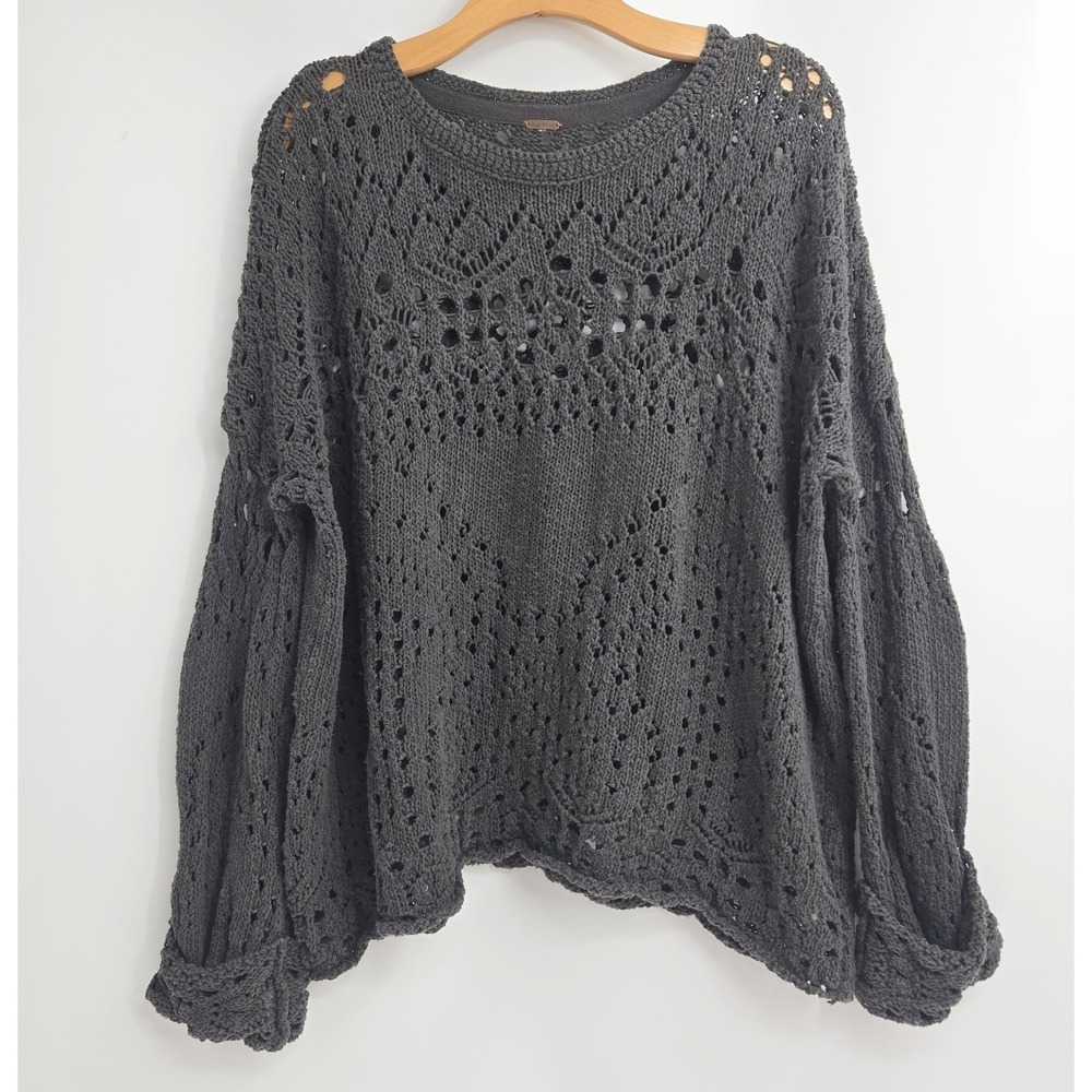 Free People Sweater Size Small Traveling Slate Gray Cotton Open Knit Crochet - Picture 2 of 15